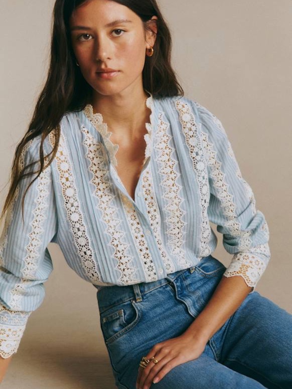 Sezane Rym Lace Blouse Blue Ecru Stripes Size 38 US 6